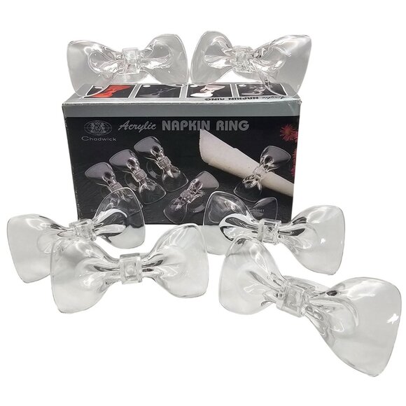 Vintage Chadwick Acrylic Napkin Rings Bow Set Of 6 Clear With Box - Picture 1 of 7